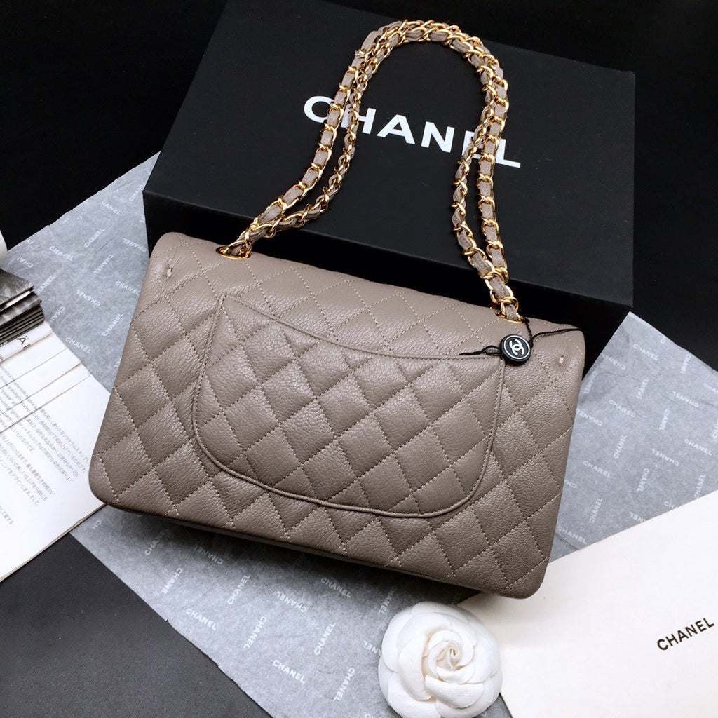CHANEL 1112 Classic Flap Bag  Khaki  Deerskin Medium Gold HW