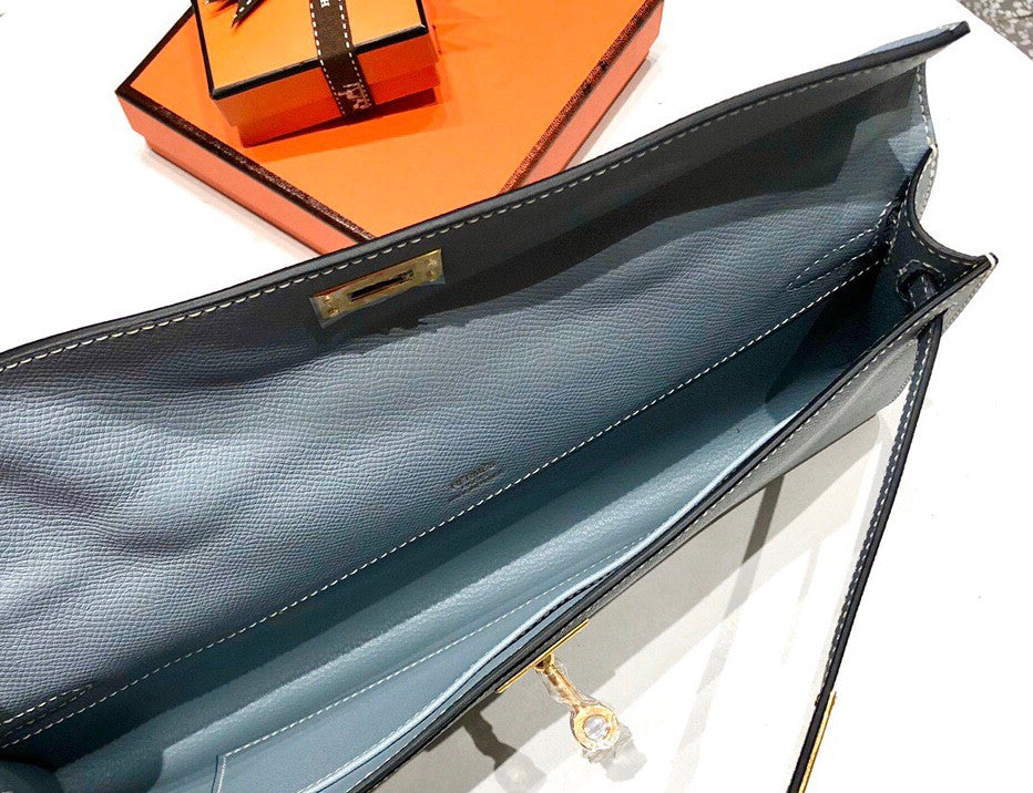 HERMES KELLY CUT CLUTCH BAG BLUE LIN EPSOM GOLD HARDWARE