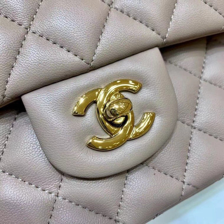 CHANEL  Gris Tourterelle Lambskin Leather Classic Double Flap 2.55 Shoulder Bag With Gold Hardware