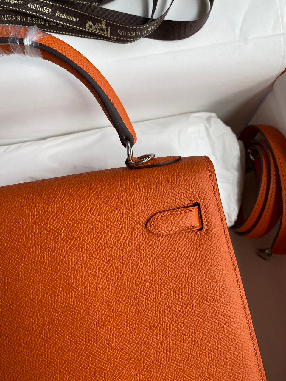 HERMES KELLY 28 SELLIER ORANGE EPSOM PALLADIUM HARDWARE