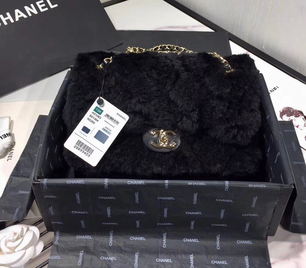 Chanel Shearling Lambskin Flap Bag Black