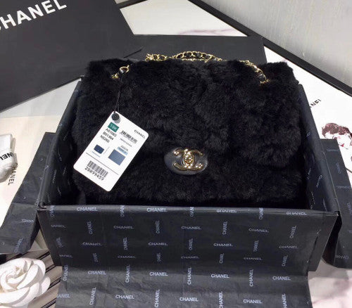 Chanel Shearling Lambskin Flap Bag Black