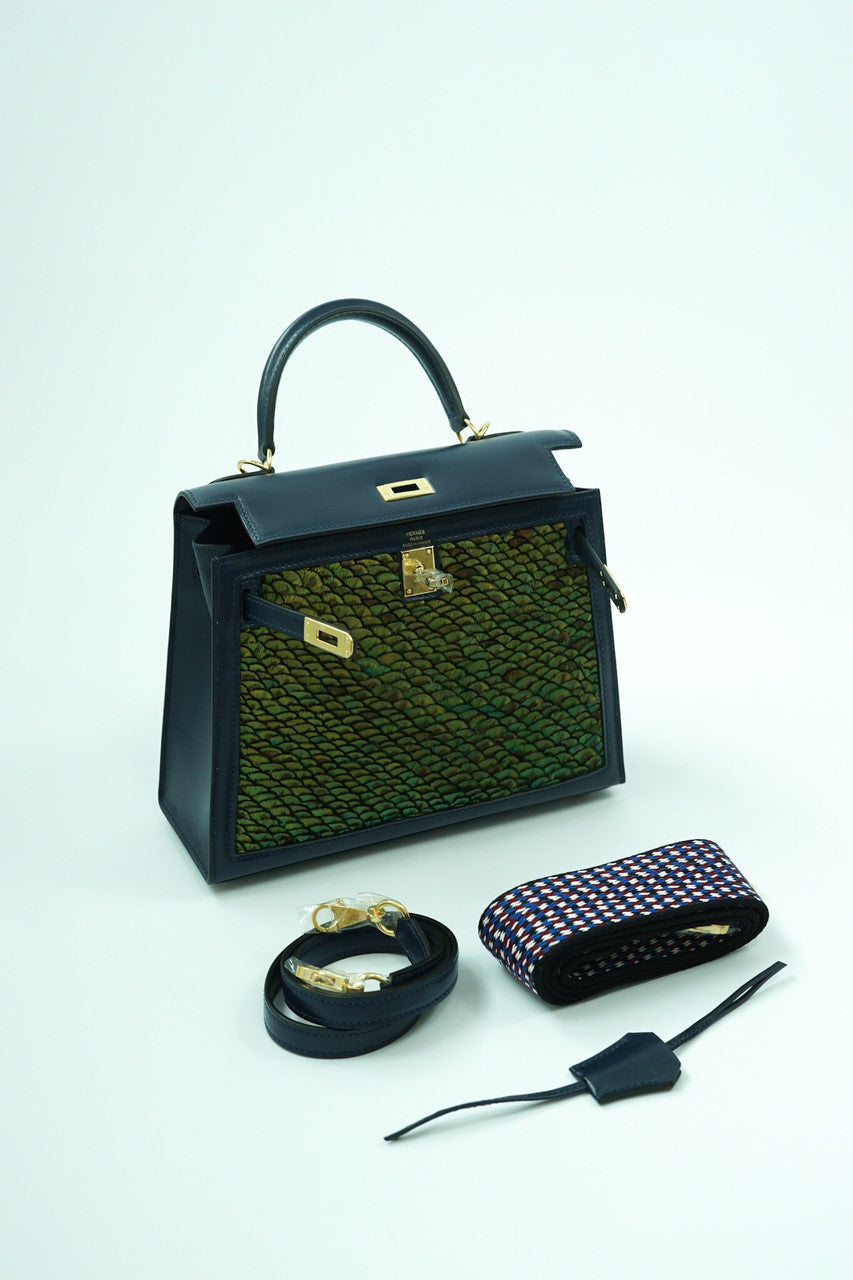 Hermes  FEATHER KELLY 25 Black  Peacock feather & Suede  with Gold Hardware