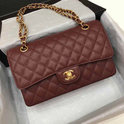 CHANEL Bordeaux Caviar Leather Classic Double Flap 2.55 Shoulder Bag Gold HW 2021