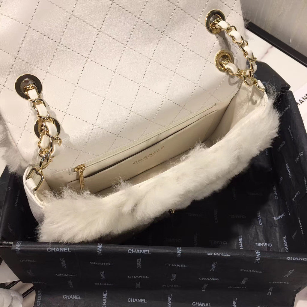 Chanel Shearling Lambskin Flap Bag White