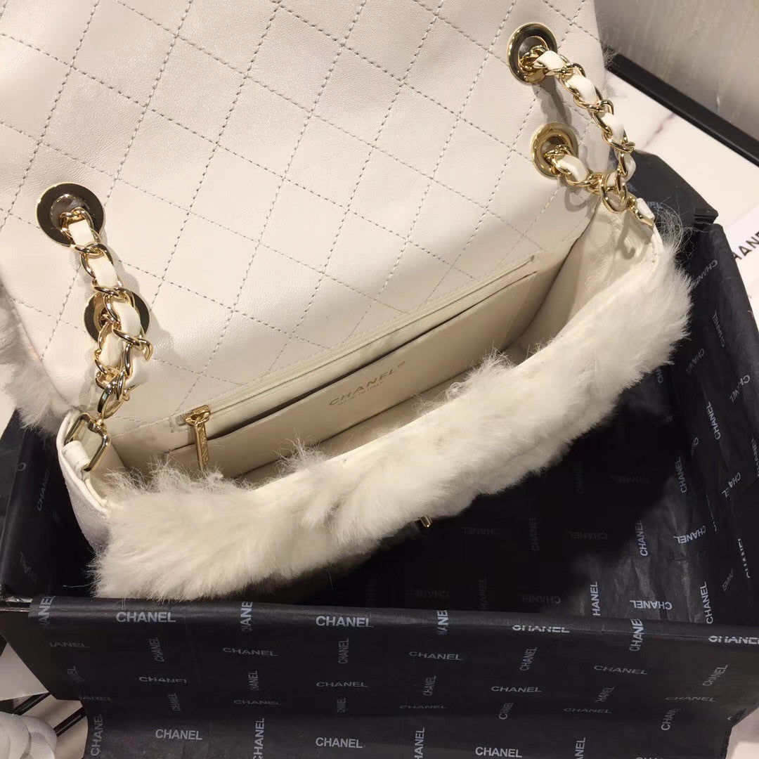 Chanel Shearling Lambskin Flap Bag White