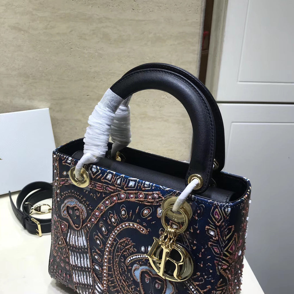 Christian Dior BLACK  LADY DIOR MEDIUM DIOR ANIMALS EMBROIDERED SMOOTH CALFSKIN BAG