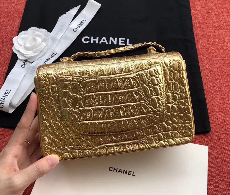 Chanel Mini Gold Metallic Crocodile Embossed Flap Bag