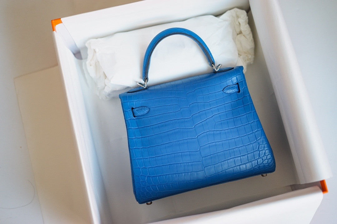 Hermes Blue Hydra NILOTICUS CROCODILE KELLY 25 WITH PALLADIUM  HARDWARE