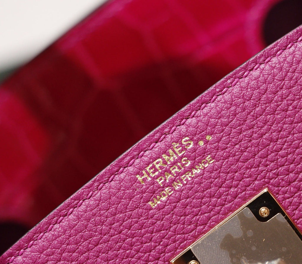 Hermes Birkin Touch 30 J5 Rose Sheherzade Shiny Niloticus Crocodile & Magnolia Togo leather with Gold Hardware