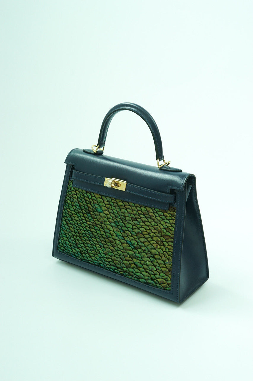 Hermes  FEATHER KELLY 25 Black  Peacock feather & Suede  with Gold Hardware