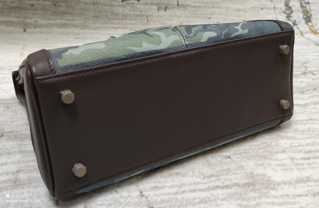 Hermes LIMITED EDITION BROWN SWIFT LEATHER & TOILE CAMOUFLAGE LAKIS KELLY 28 WITH PALLADIUM HARDWARE