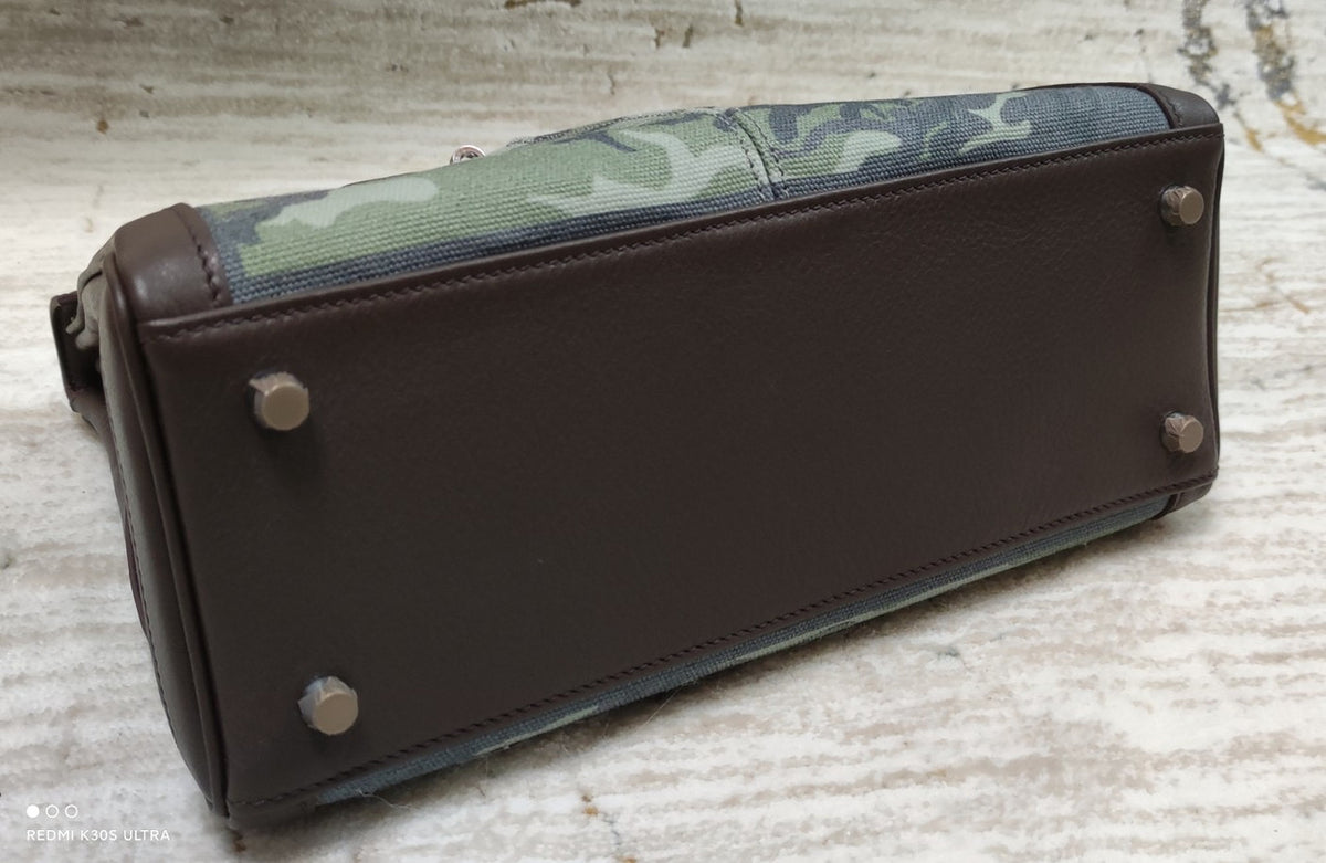 Hermes LIMITED EDITION BROWN SWIFT LEATHER & TOILE CAMOUFLAGE LAKIS KELLY 28 WITH PALLADIUM HARDWARE
