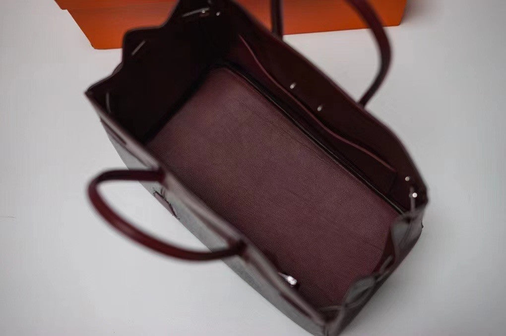 Hermes Shadow Birkin 30 Bordeaux Toile/ Box Leather  Palladium Hardware