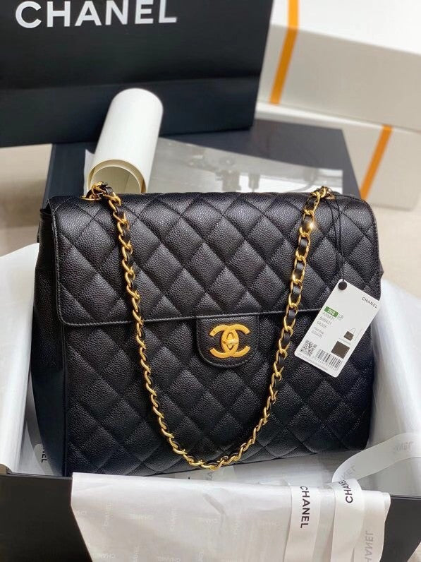 Chanel  BLACK QUILTED CAVIAR LEATHER JUMBO CLASSIC SINGLE FLAP BAG