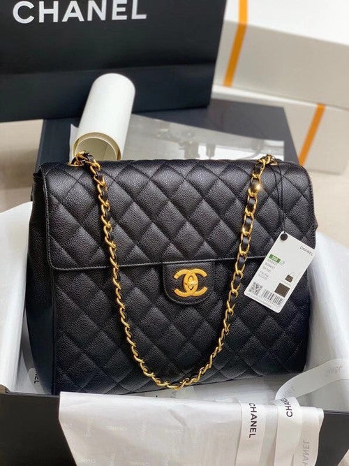 Chanel  BLACK QUILTED CAVIAR LEATHER JUMBO CLASSIC SINGLE FLAP BAG