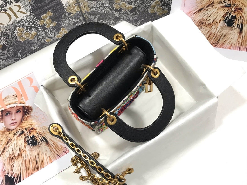 Christian Dior MEDIUM LADY DIOR BAG Black Printed Calfskin with Multicolor Dior In Lights Pearl and Thread Embroidery