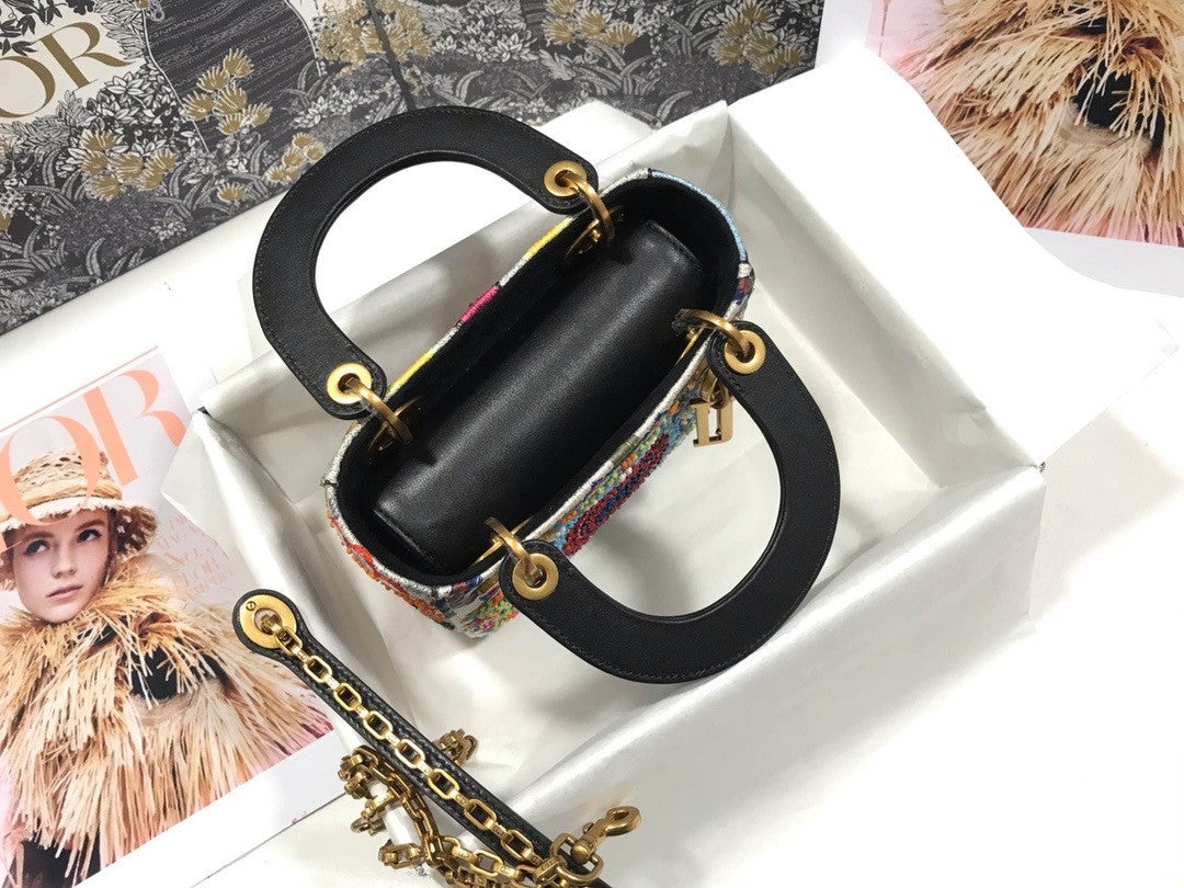 Christian Dior MEDIUM LADY DIOR BAG Black Printed Calfskin with Multicolor Dior In Lights Pearl and Thread Embroidery