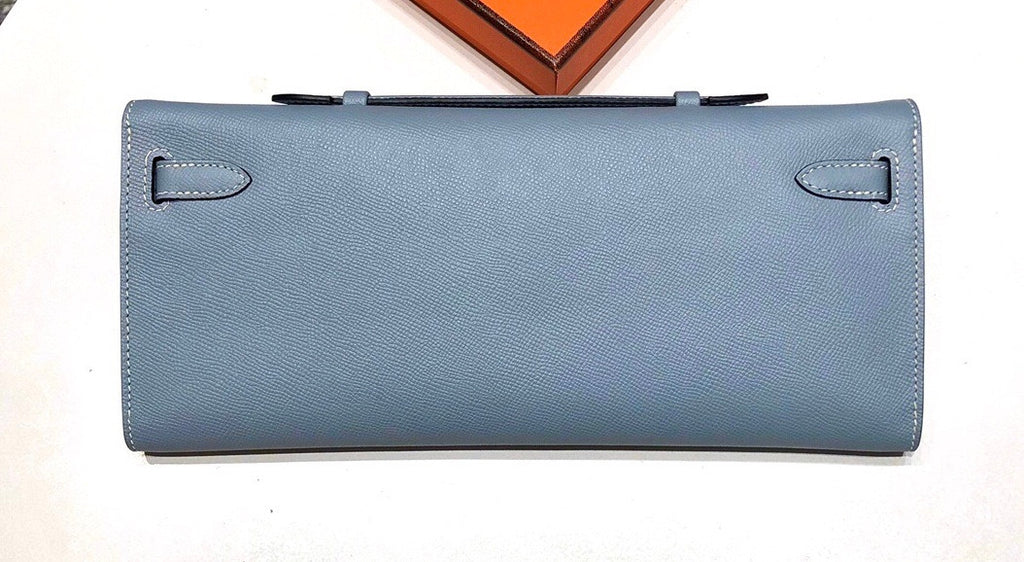 HERMES KELLY CUT CLUTCH BAG BLUE LIN EPSOM PALLADIUM HARDWARE