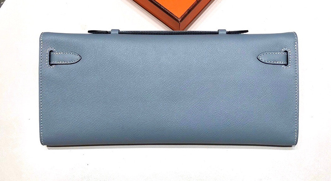 HERMES KELLY CUT CLUTCH BAG BLUE LIN EPSOM PALLADIUM HARDWARE