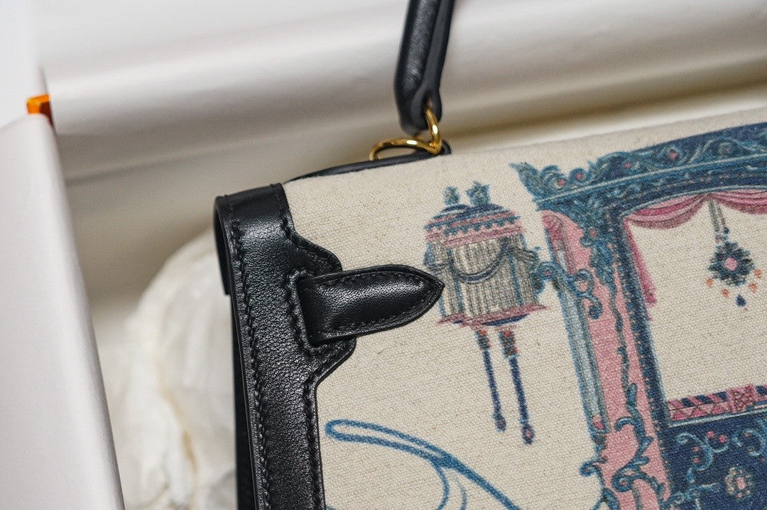 Hermes Black Kelly Bag Box Leather Horse Print Toile GHW 32 cm