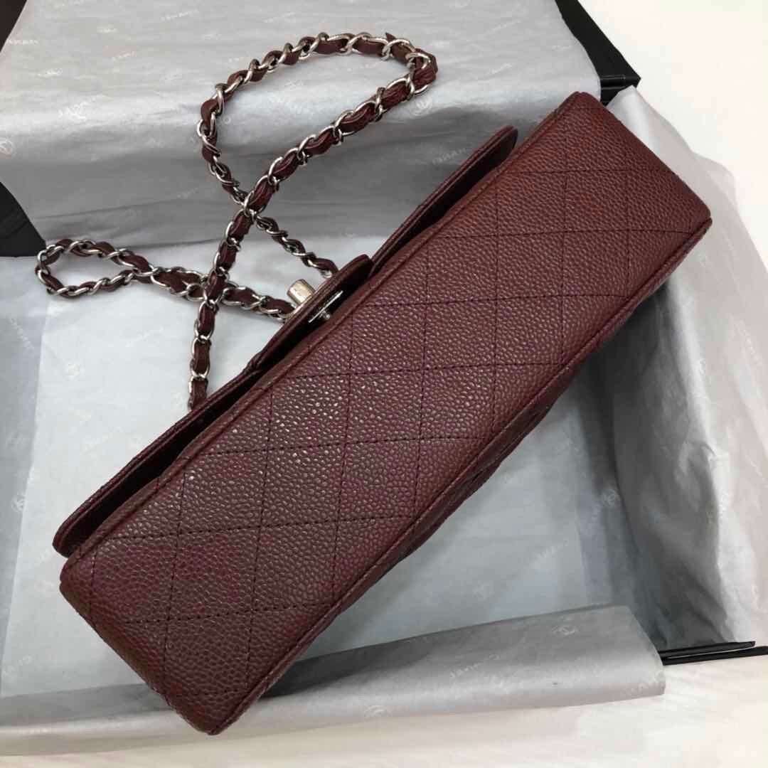CHANEL Bordeaux Caviar Leather Classic Double Flap 2.55 Shoulder Bag Silver HW 2021