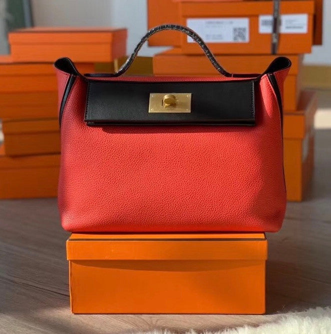 Hermes Kelly 24/24  Black & S5 Rouge Tomate  Swift & Togo Leather with Gold Hardware