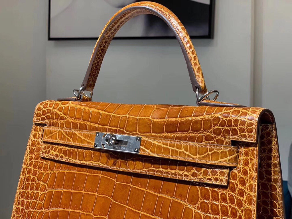 Hermes Fauve Porosus CROCODILE KELLY 28 WITH Palladium  HARDWARE