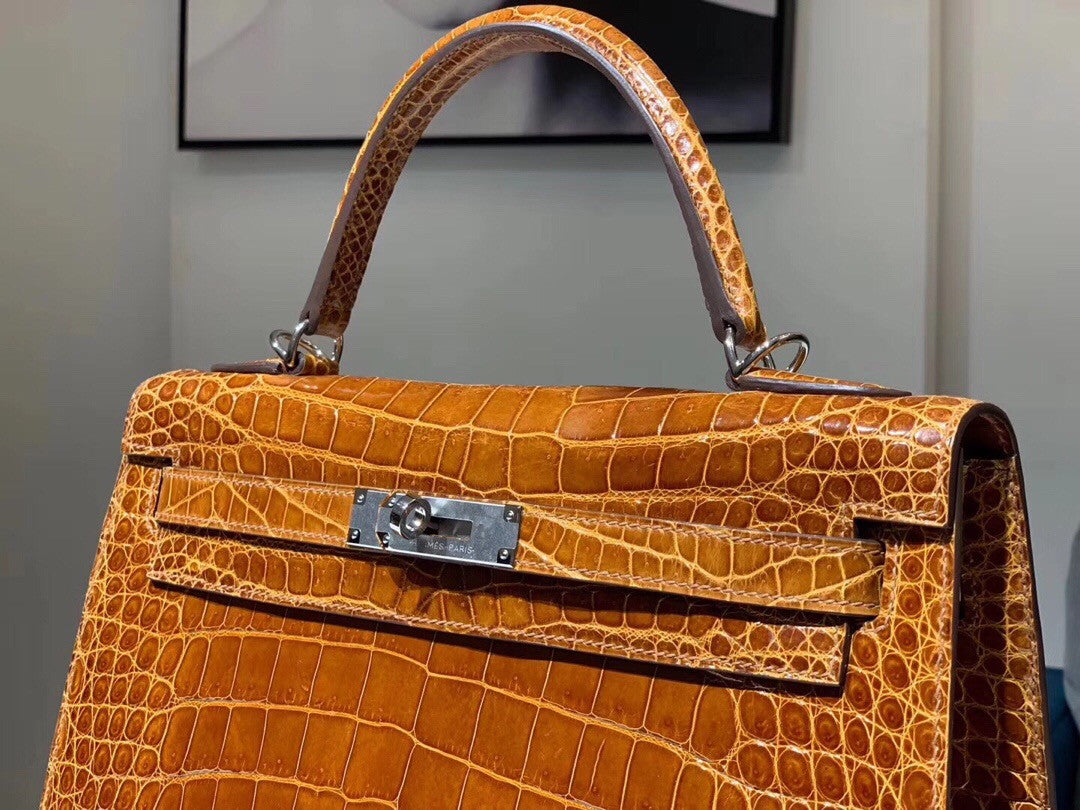 Hermes Fauve Porosus CROCODILE KELLY 28 WITH Palladium  HARDWARE
