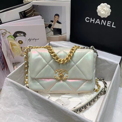 CHANEL 19 Iridescent White Flap Bag