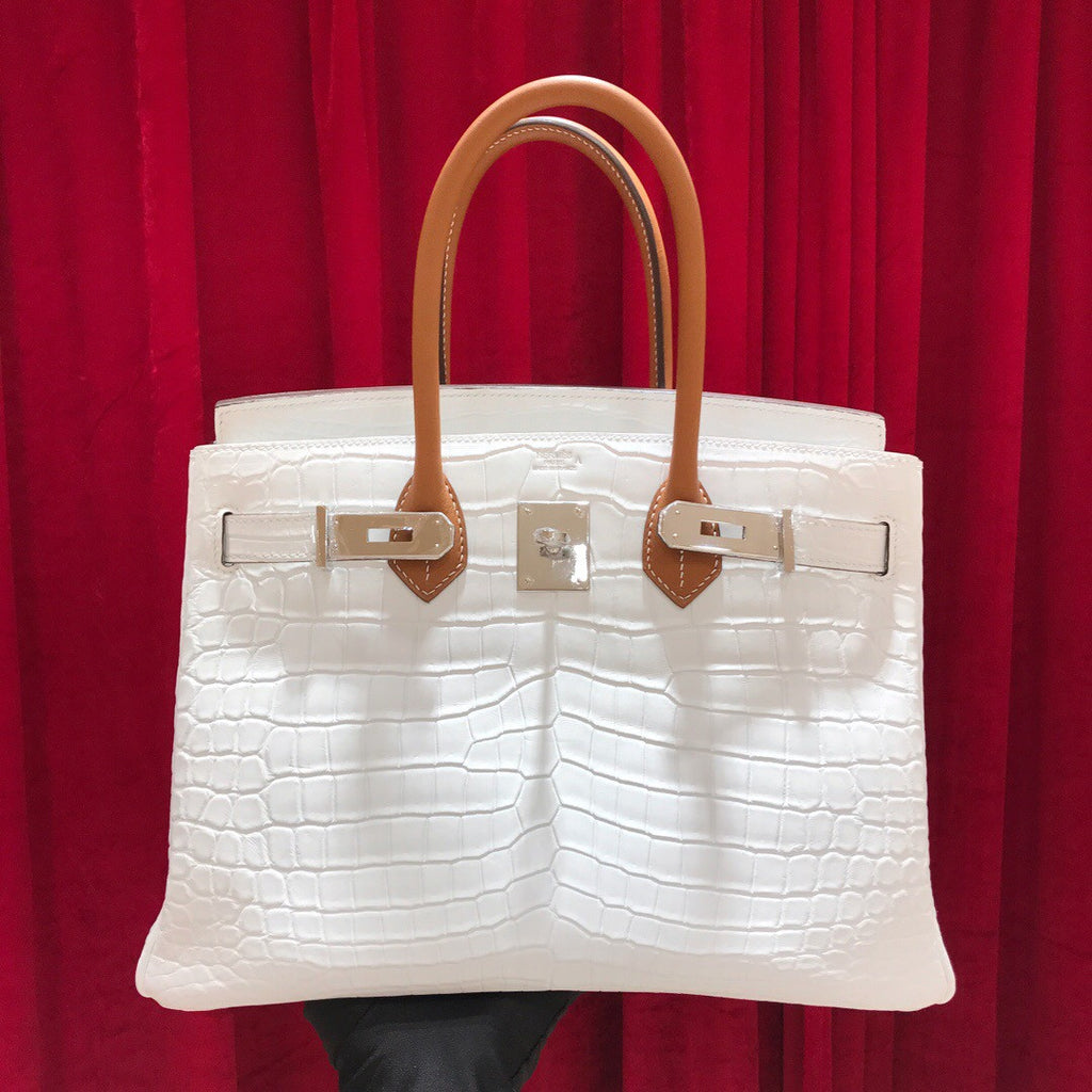 Hermes White/ Gold Birkin 30 in Porosus  Crocodile with Palladium hardware