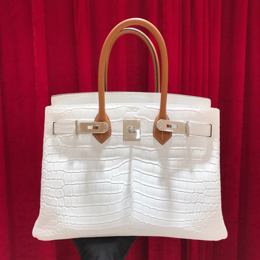 Hermes White/ Gold Birkin 30 in Porosus  Crocodile with Palladium hardware