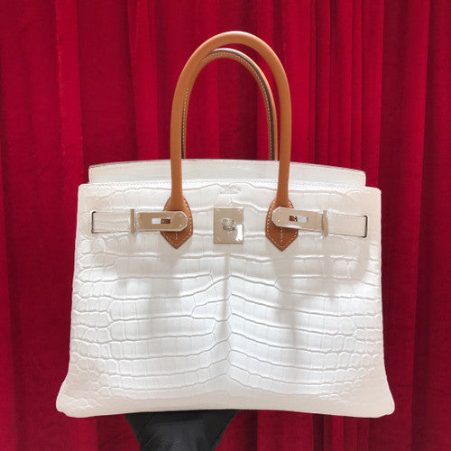 Hermes White/ Gold Birkin 30 in Porosus  Crocodile with Palladium hardware