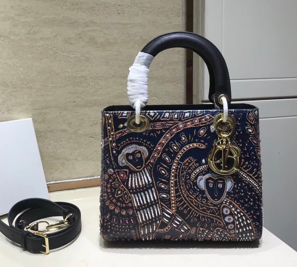 Christian Dior BLACK  LADY DIOR MEDIUM DIOR ANIMALS EMBROIDERED SMOOTH CALFSKIN BAG