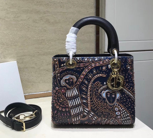 Christian Dior BLACK  LADY DIOR MEDIUM DIOR ANIMALS EMBROIDERED SMOOTH CALFSKIN BAG