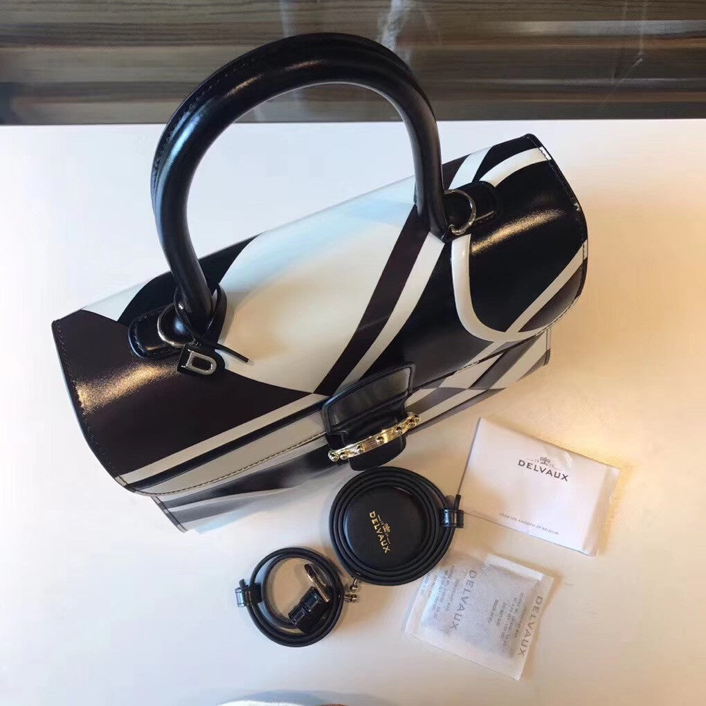 Delvaux Brillant MM Leather Satchel with Black & White geometric pattern