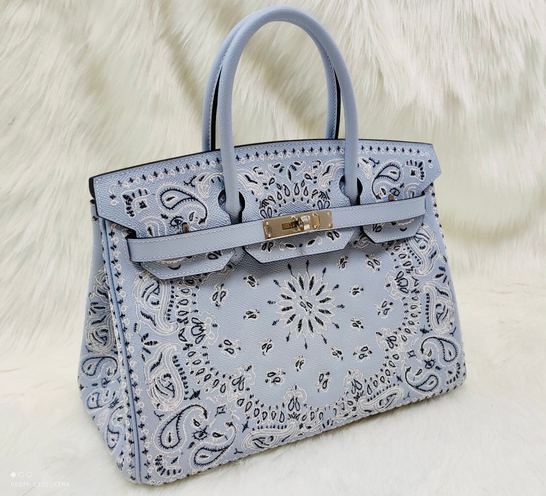 Hermes x Jay Ahr Special Edition custom-embroidering Blue lin Birkin Bag 30cm Epsom Leather Palladium Hardware [Carry by Kylie Jenner, Cardi B]