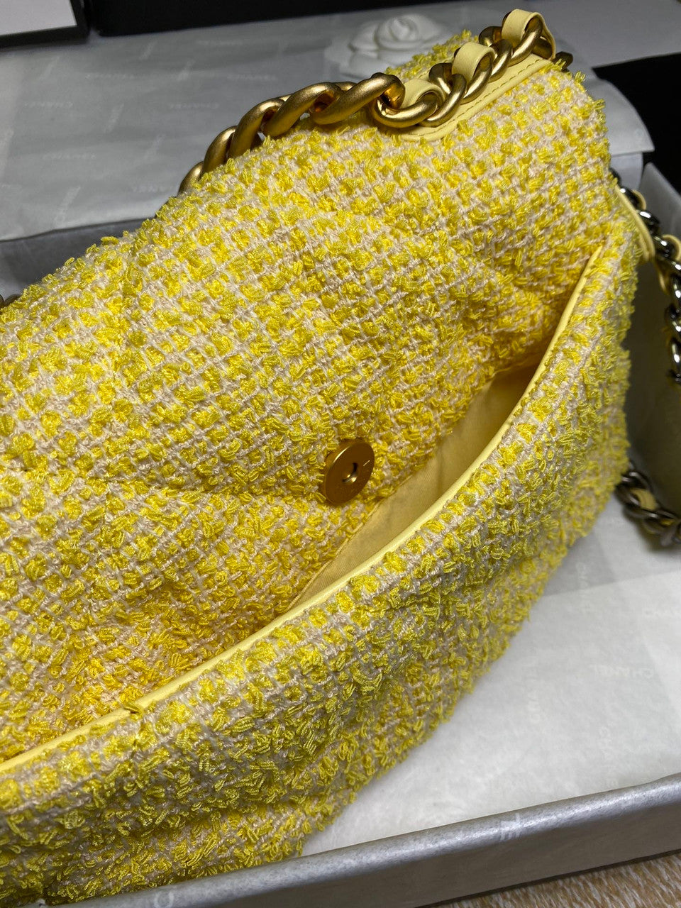 Chanel Yellow Tweed 19 flap bag