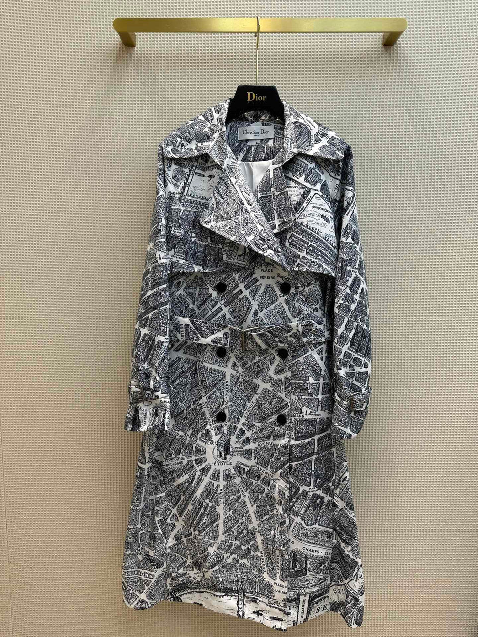 Christian Dior TRENCH COAT White and Black Technical Taffeta with Plan de Paris Motif