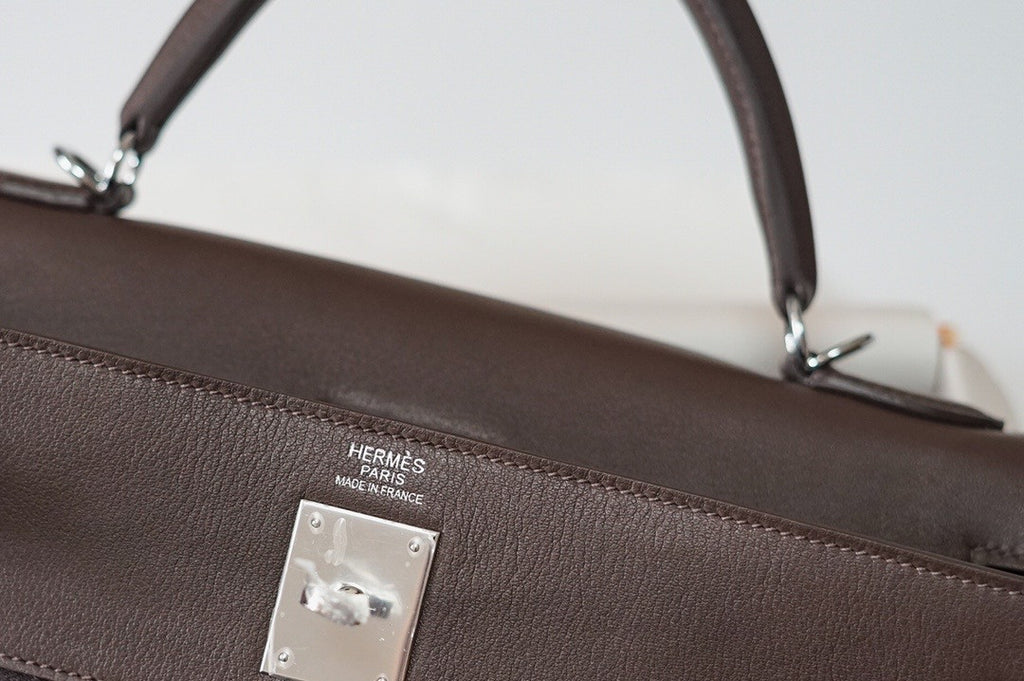 Hermes LIMITED EDITION EBENE SWIFT LEATHER & TOILE LAKIS KELLY 32 WITH PALLADIUM HARDWARE
