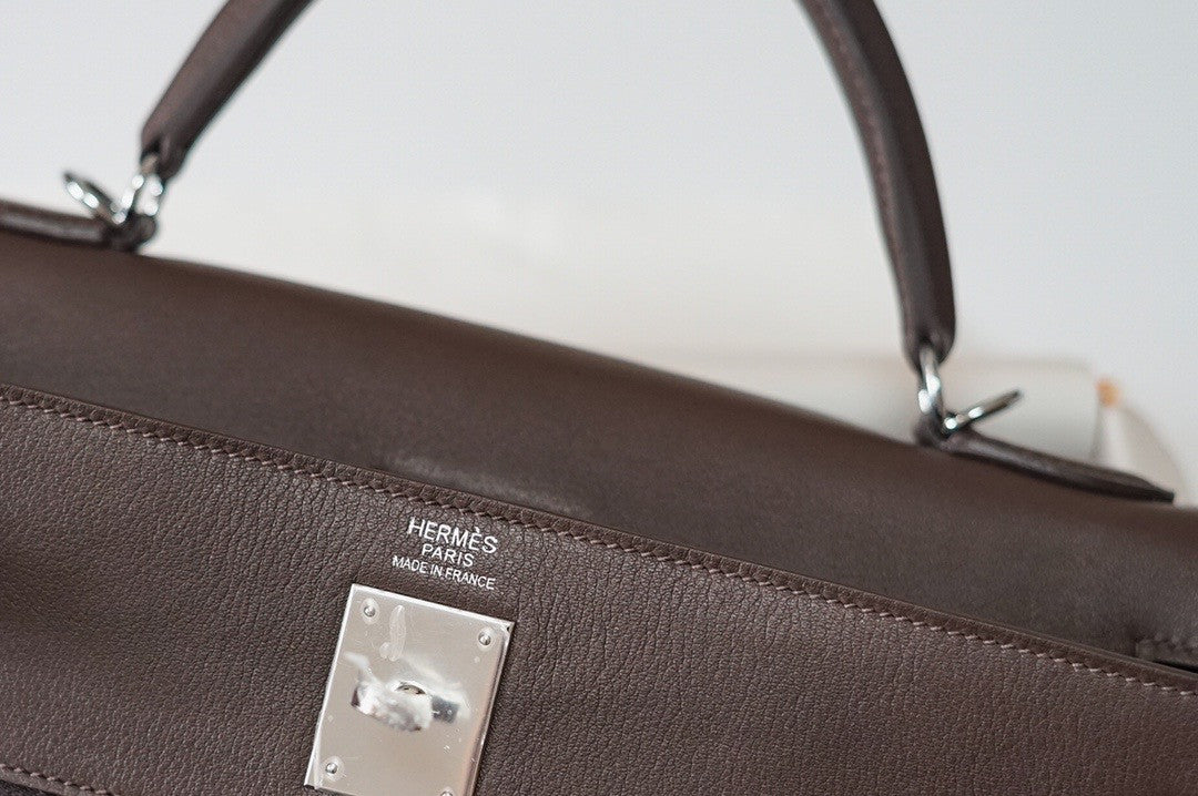 Hermes LIMITED EDITION EBENE SWIFT LEATHER & TOILE LAKIS KELLY 32 WITH PALLADIUM HARDWARE
