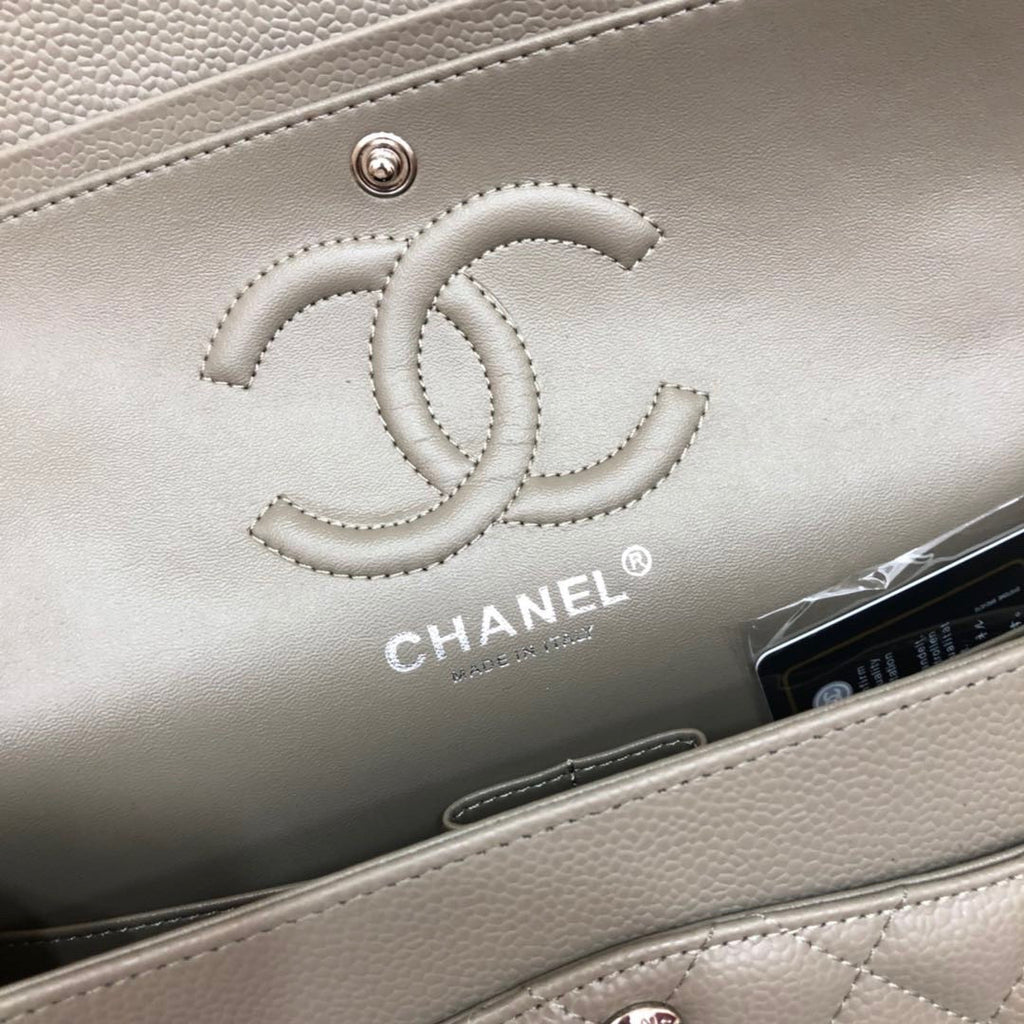 CHANEL Khaki Caviar Leather Classic Double Flap 2.55 Shoulder Bag Silver HW 2021