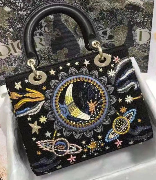 CHRISTIAN DIOR Limited Edition Black Leather Air Embroidered and Beaded Medium Lady Dior Bag