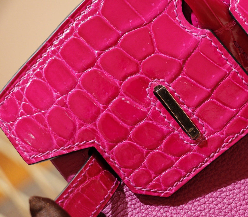 Hermes Birkin Touch 30 J5 Rose Sheherzade Shiny Niloticus Crocodile & Magnolia Togo leather with Gold Hardware