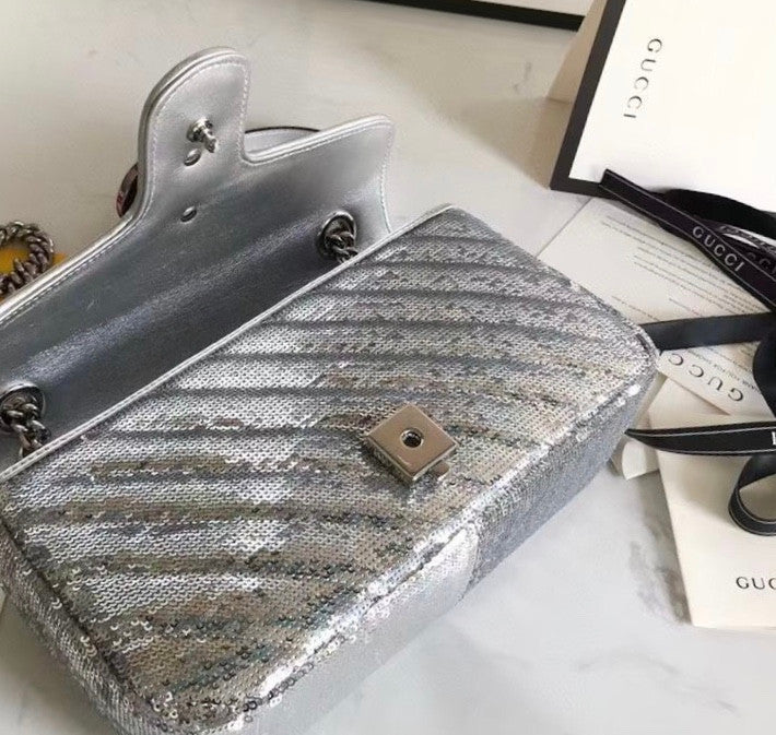 Gucci GG Marmont small Silver sequin shoulder bag
