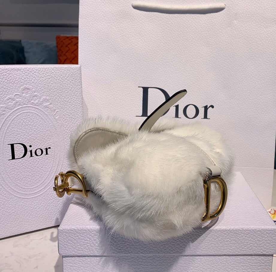 Christian Dior Saddle Handbag Fur Medium White
