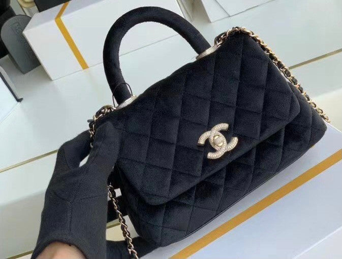 Chanel Mini Velvet Flap Bag with Top Handle and Diamond hardware