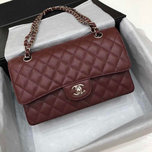 CHANEL Bordeaux Caviar Leather Classic Double Flap 2.55 Shoulder Bag Silver HW 2021