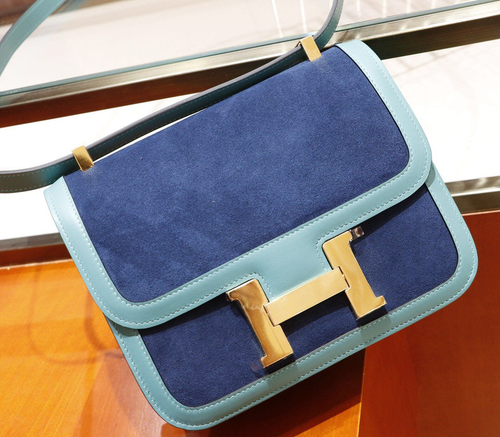 Hermes Special Order Constance Veau Doblis Suede 7F Blue Paon/R2 Blue Agate  19cm