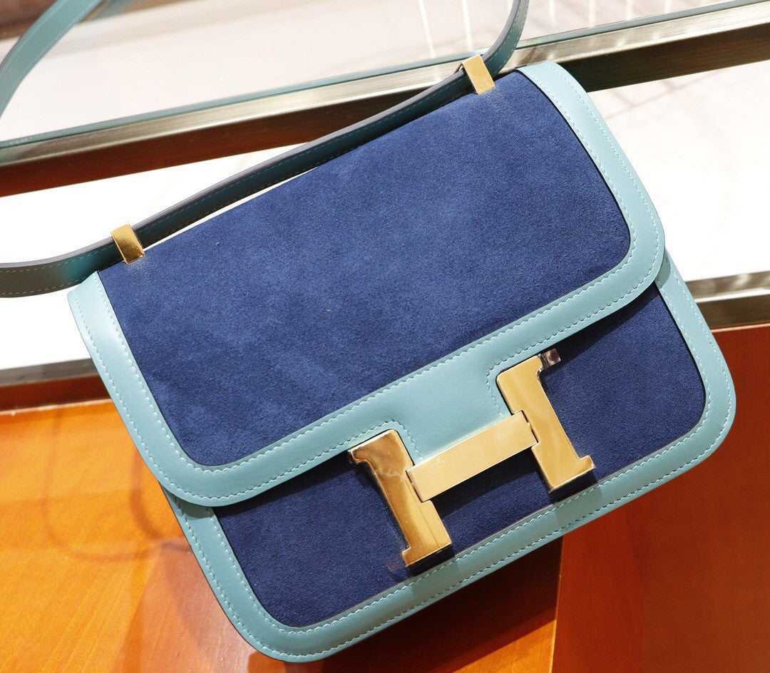 Hermes Special Order Constance Veau Doblis Suede 7F Blue Paon/R2 Blue Agate  19cm